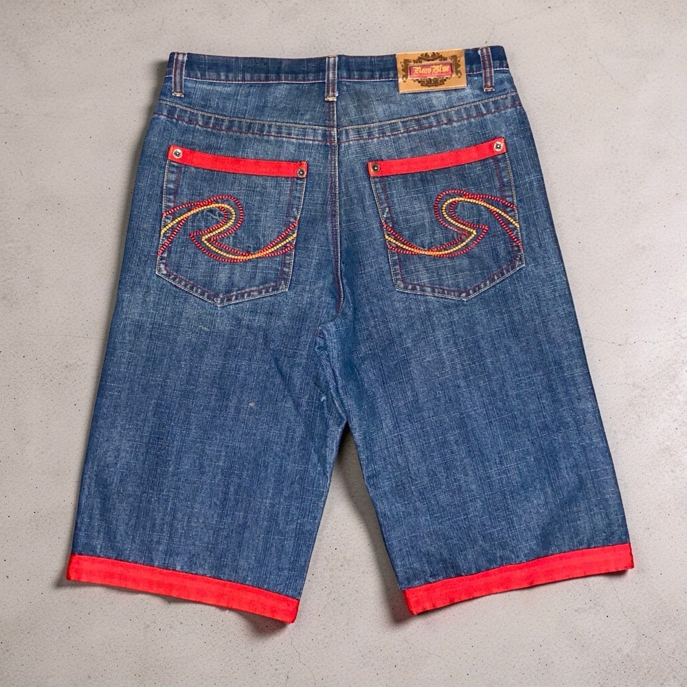 Y2K Raw Blue Mens 32 Baggy Denim Jorts Embroidered Hip Hop Jean Shorts